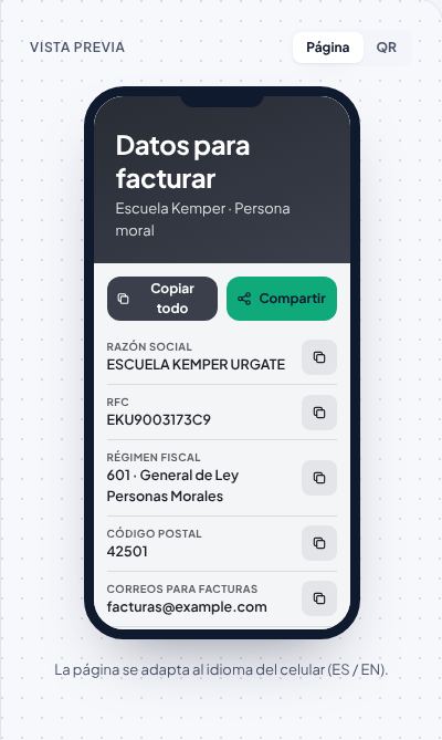Vista previa de un QR de datos fiscales en el estudio